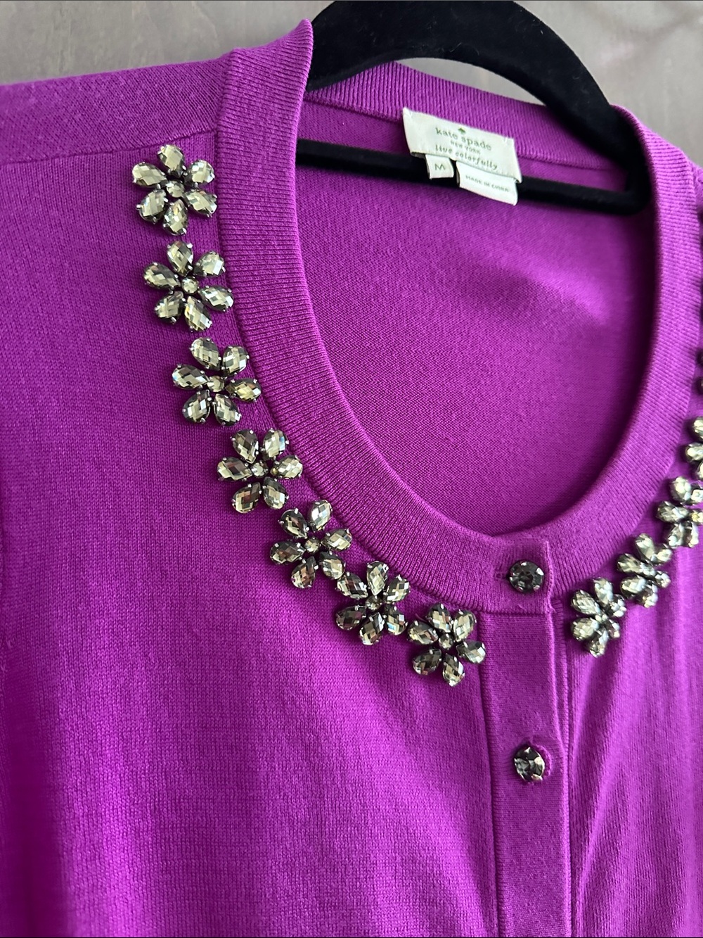 Kate Spade Leni Jewel Embellished 100% Cotton 3/4 Sleeve Purple Cardigan Size M - Picture 3 of 12